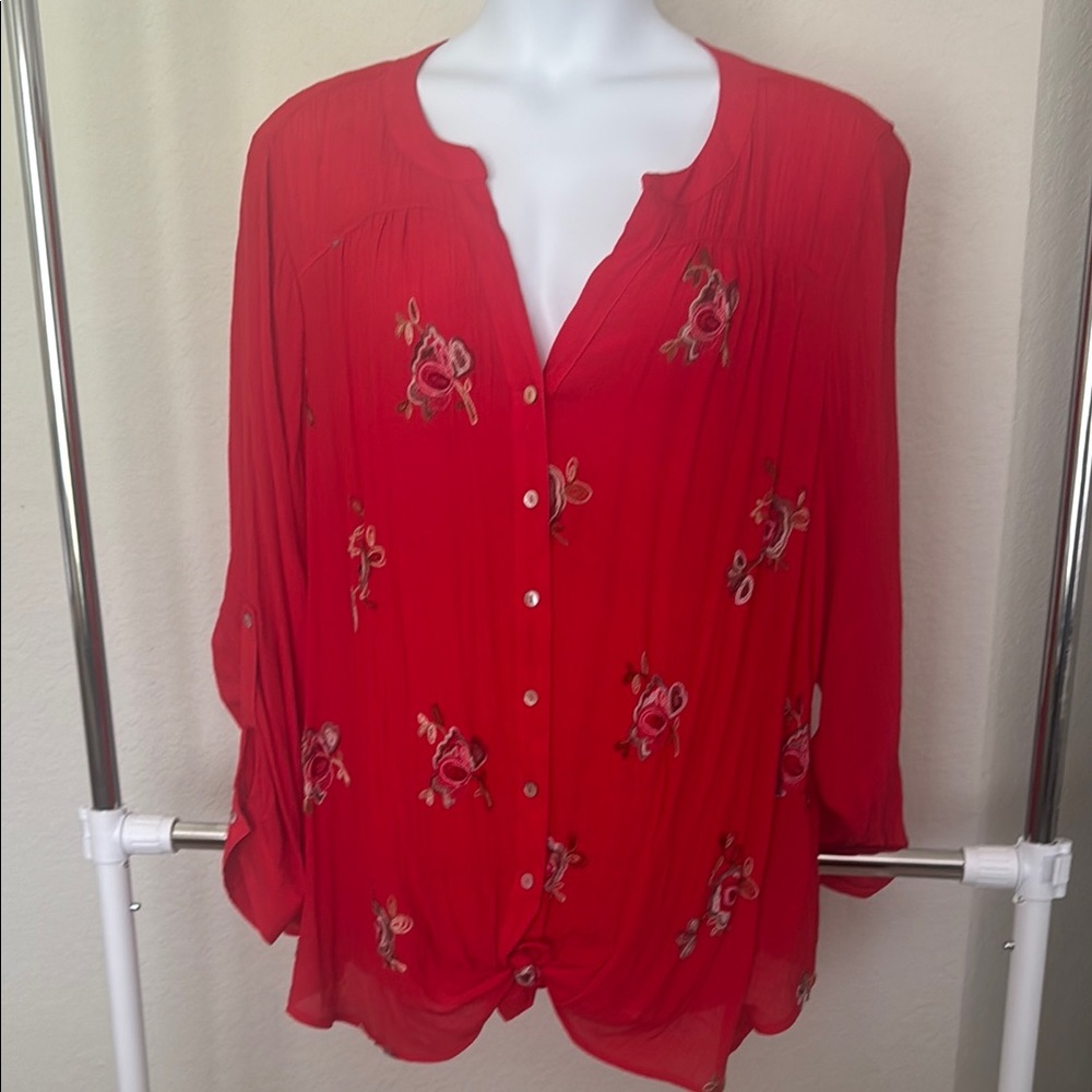 Avenue Red Button-Front Floral Embroidered Blouse